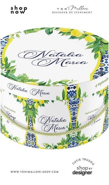 Cutie trusou botez rotunda de inspiratie mediteraneana cu lamai si frunze verzi 2